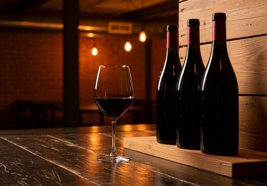 A glass of red poured at the bar, with the month's bottles set aside on the shelf